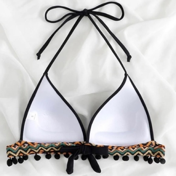 POM POM Triangle Halter Bellydance Athletic Bikini Swimsuit Top Womens Medium - Picture 9 of 13